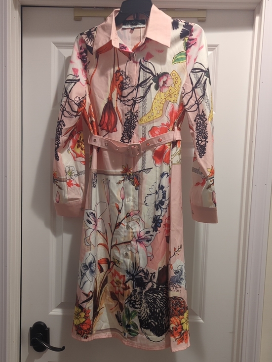 Dalia Macphee Dresses & Skirts - Pink Floral Print Shirt Dress with Belt
